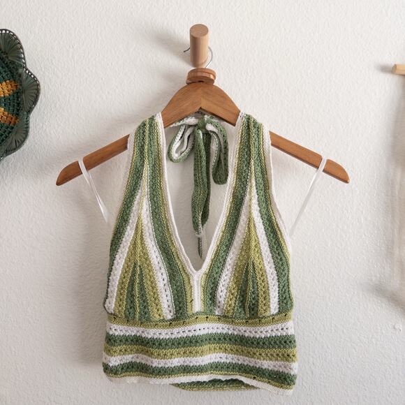 Hollister Green and White Striped Tank Top Halter Top - Picture 1 of 5